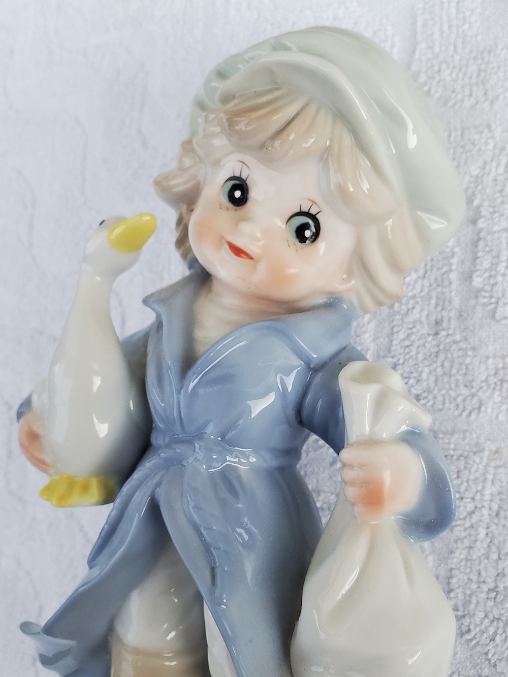 Vintage KPM Porcelain Figurine Child Goose Blue Coat 7.5" Tall Germany